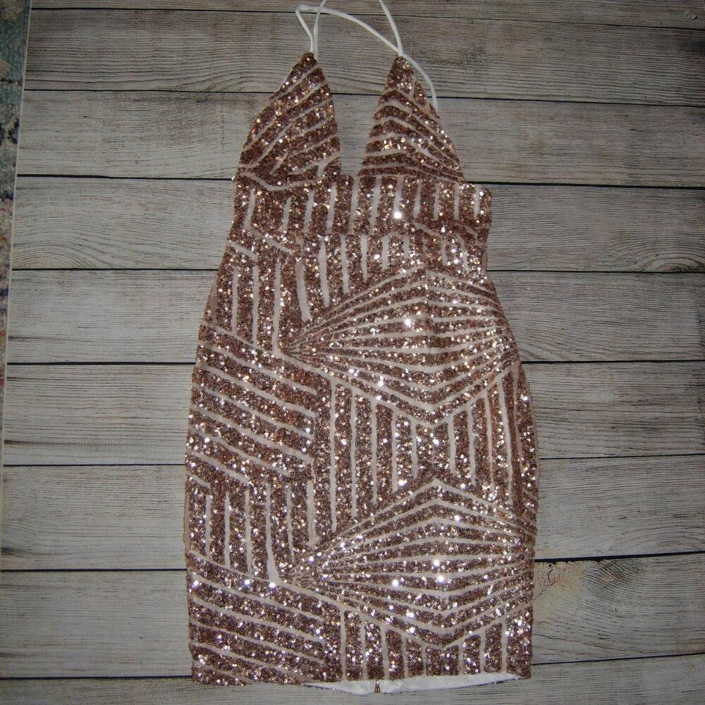 Plunging Rose Gold Sequin Back Zip Dress M